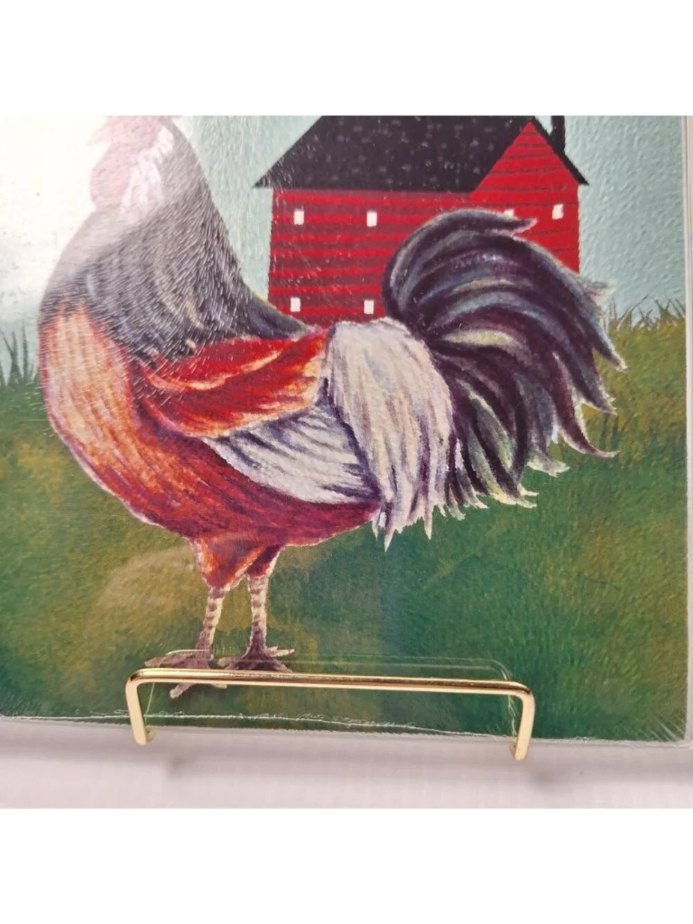 SQUARE TEMPERED TEXTURED GLASS CUTTING BOARD ROOSTER BARN NON-SLIP SILICONE FEET